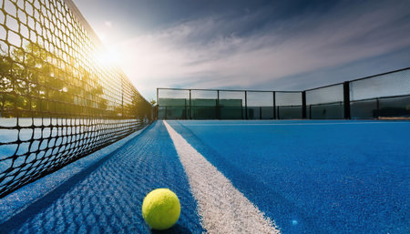 Tennis court and ball on blue sky background. Sport background.の素材