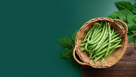 Green beans in a wicker basket on a green background. Top view with copy spaceの素材