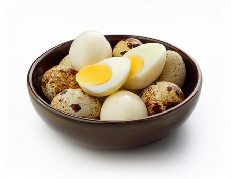 Quail eggs in a bowl on a white background, isolated.の素材