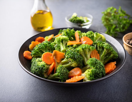 Stir fry broccoli with carrot and parsley in black plate.の素材
