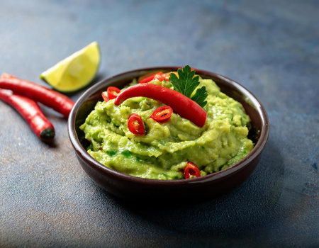 Bowl of guacamole with chili pepper, lime and parsleyの素材