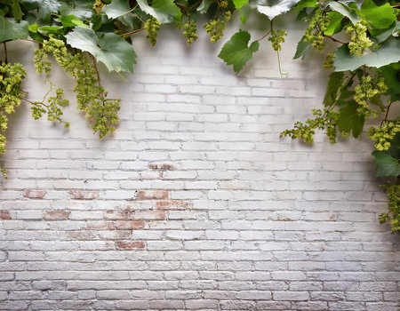 Grapevine on white brick wall background with space for text.の素材