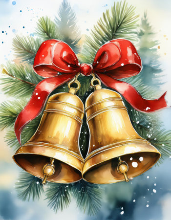 Christmas bells with red ribbon and bow. Watercolor hand drawn illustrationの素材
