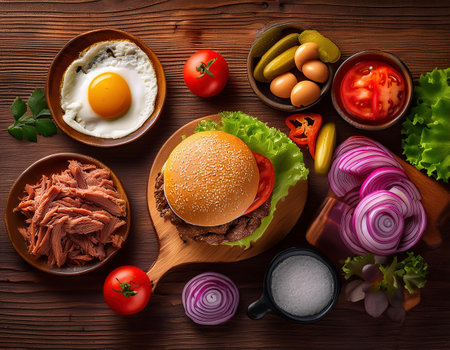 Ingredients for hamburger on wooden background. Top view, flat layの素材