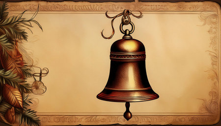 Illustration of a brass bell on an old paper with a floral backgroundの素材