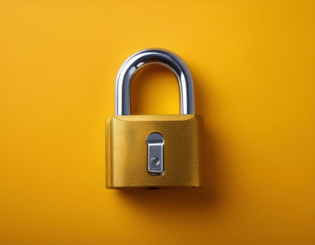 Padlock on a yellow background. The concept of security and protection.の素材