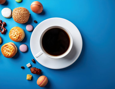 Cup of coffee with sweets on a blue background, top viewの素材