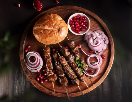 Grilled kebab with onion rings and pomegranate seedsの素材