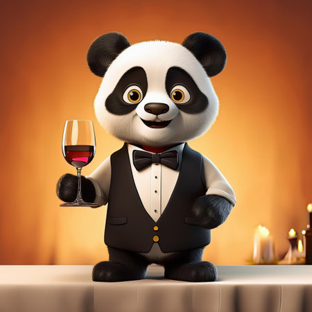 3d illustration of panda waiter with a glass of red wineの素材