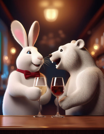 Rabbit and bear drinking wine in a bar. 3d renderingの素材