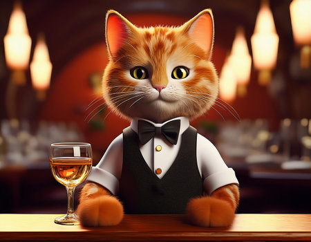 Cute ginger cat sitting at a table with a glass of wineの素材