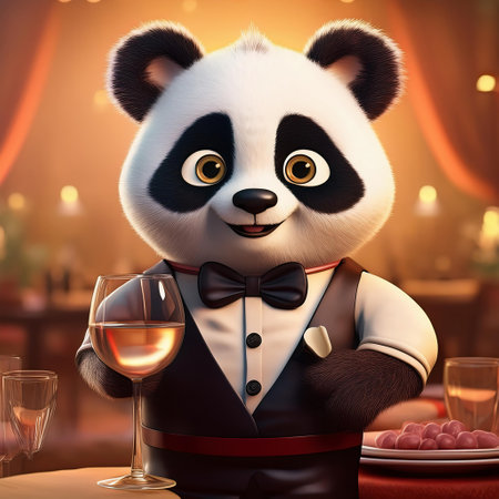 Cute panda waiter with a glass of wine in a restaurantの素材