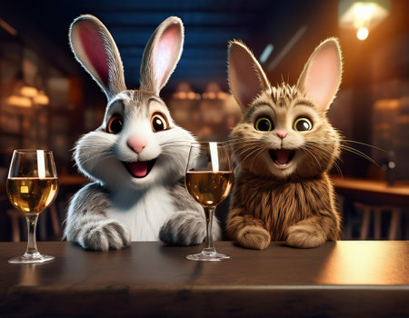 Two cute little rabbits with glasses of wine sitting at the table.の素材