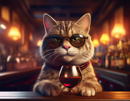 Funny cat with glasses and a glass of red wine in the barの素材