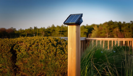 Photovoltaic panels installed on a pole in a garden.の素材