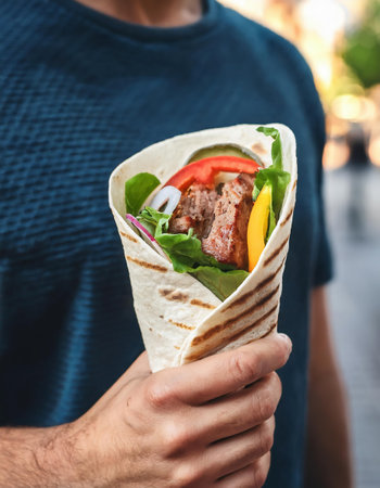 Man holding a kebab in his hand. Close up.の素材