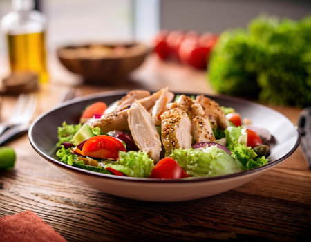 Fresh salad with chicken fillet and vegetables on a wooden table.の素材