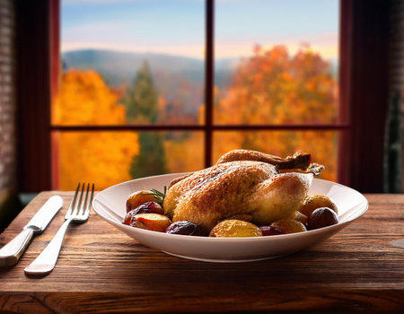 Baked turkey with plums and apples on wooden table in front of windowの素材