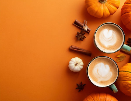 Two cups of coffee with pumpkins, cinnamon and anise on orange backgroundの素材