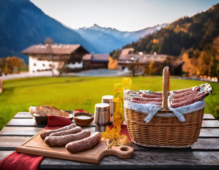Picnic basket with sausages on wooden table in front of mountainsの素材