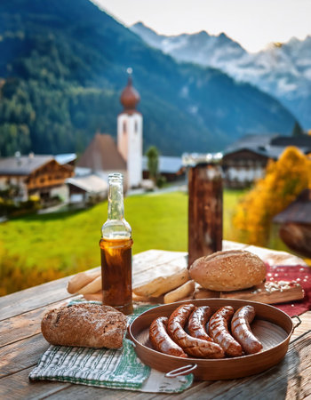 Bavarian sausages with bavarian mountain landscape in backgroundの素材
