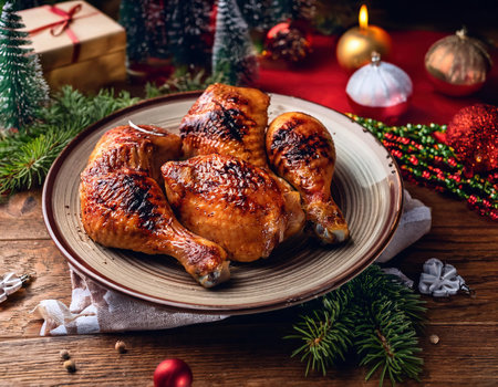 Grilled chicken legs on a plate with Christmas decorations on a wooden backgroundの素材