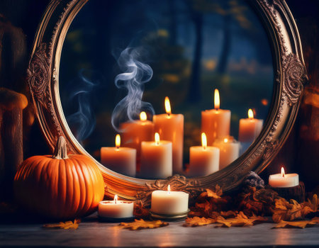 Halloween still life with burning candles, pumpkins and autumn leavesの素材