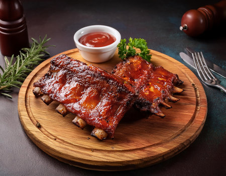 grilled barbecue ribs with tomato sauce and rosemary on dark backgroundの素材