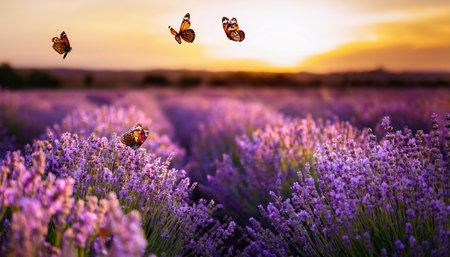 Beautiful sunset over lavender field with flying butterflies. Nature composition.の素材