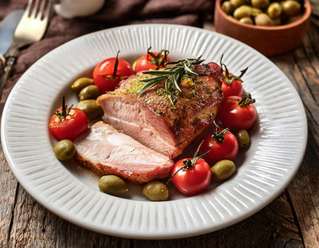Baked pork loin with green olives and cherry tomatoes.の素材