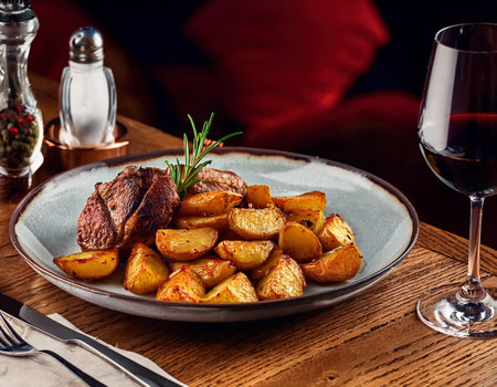 Grilled beef fillet with potatoes and rosemary on a plateの素材