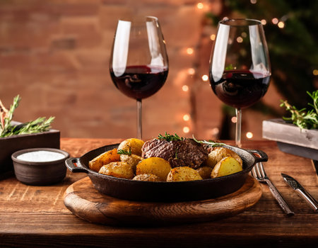 Beef tenderloin with potatoes and rosemary in a panの素材