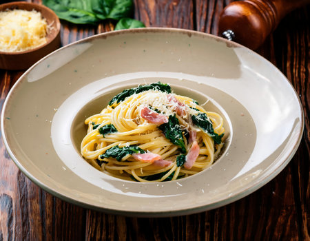 Spaghetti carbonara with spinach and parmesan on wooden tableの素材