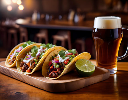 Tacos with meat, vegetables and lime on wooden table in pubの素材