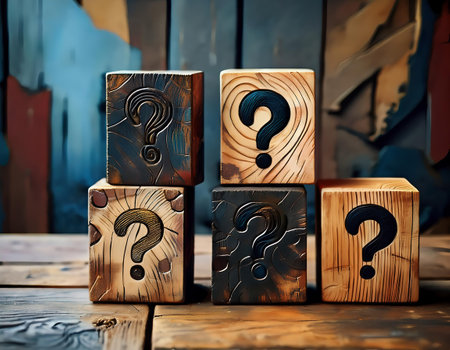 Wooden cubes with question marks on a wooden background. Business conceptの素材