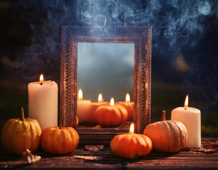 Halloween still life with pumpkins, candles and vintage photo frameの素材