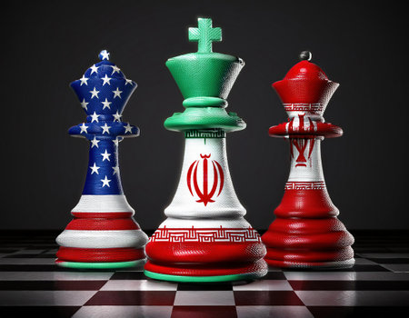 USA and Iran political relationship concept as a chess game with 3D illustration elements.の素材