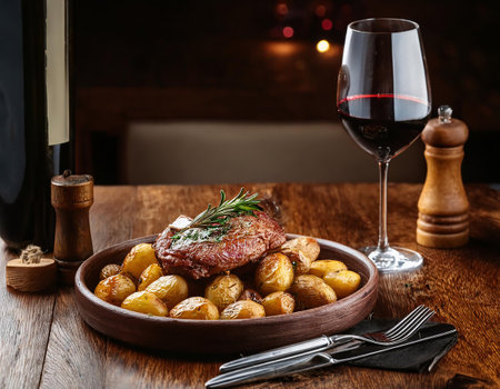 Roasted beef with baked potatoes and rosemary on a wooden tableの素材