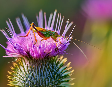 Grasshopper sitting on a thistle flower in nature.の素材