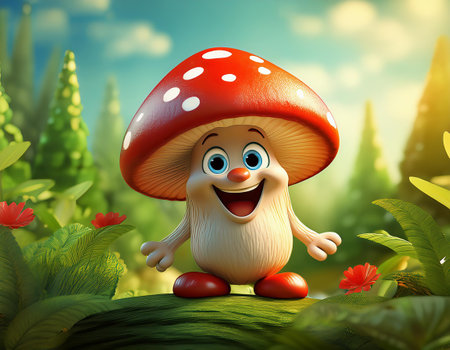 cartoon of a smiling toadstool character in the gardenの素材