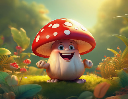 Funny mushroom character in the fantasy garden. 3D illustration.の素材