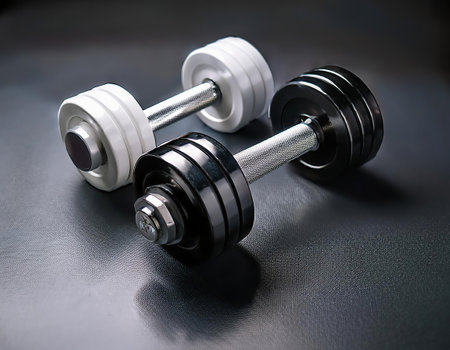 Black and white dumbbells on a black background. Fitness equipment.の素材