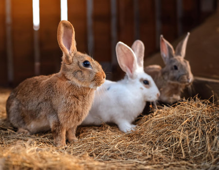 Rabbits on the farm. Cute rabbits in the barn.の素材