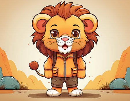 Cute lion standing in the forest illustration. Cartoon style. Vector illustration.の素材