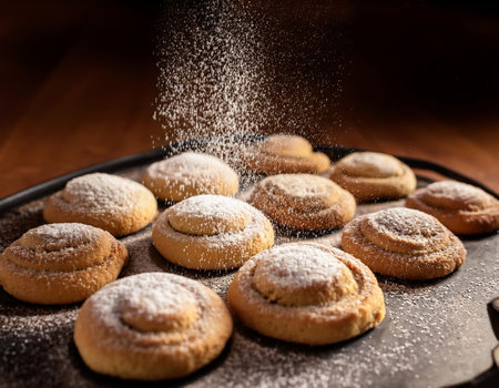 Cinnamon rolls sprinkled with powdered sugar on a wooden table. Selective focus.の素材
