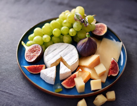 cheese plate with grapes and figs, food closeup, horizontalの素材