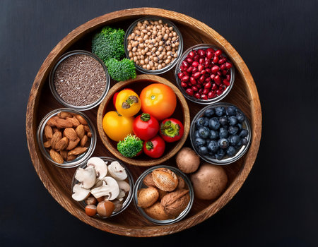 Healthy food background with superfoods. Top view with copy spaceの素材