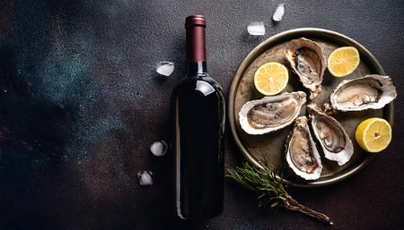 Fresh oysters with lemon and rosemary on dark background. Top viewの素材