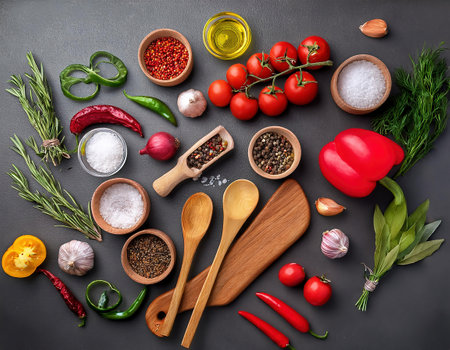 Various spices and herbs on a black background. Food and cuisine ingredients.の素材