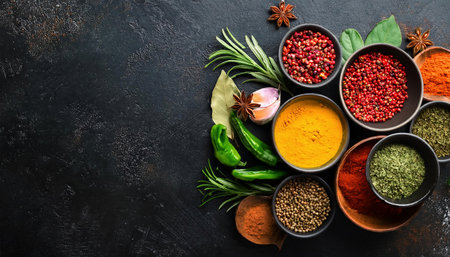 Variety of spices and herbs on dark background. Top view with copy spaceの素材